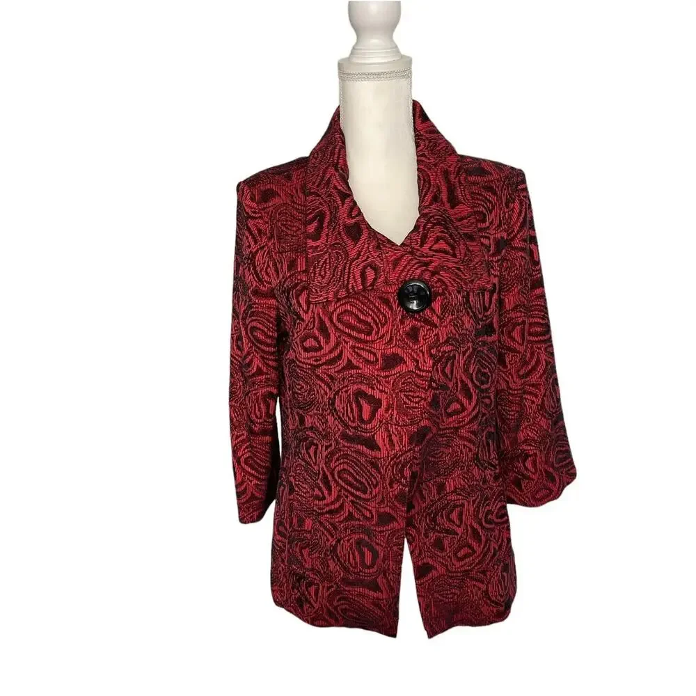City Girl Nancy Bolen Blazer Jacket Red Black Embroidered Button Size Small -EUC - Picture 2 of 12